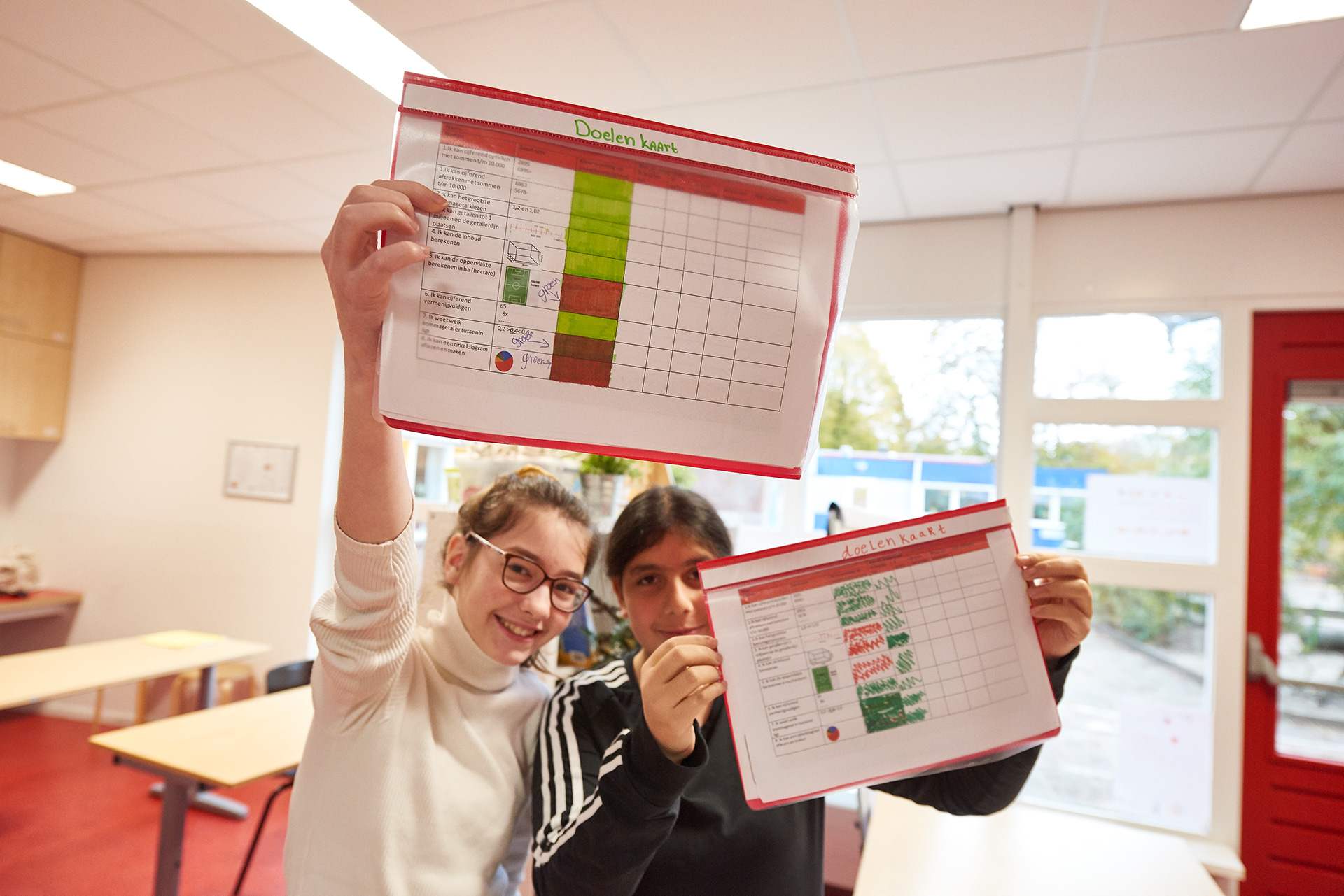 Leerlingen die hun doelenkaart laten zien